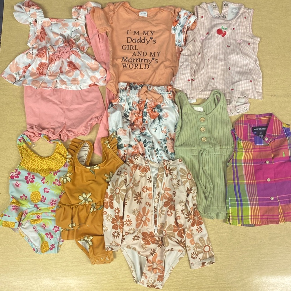 11 piece baby girl summer bundle with swimsuits; 9 months